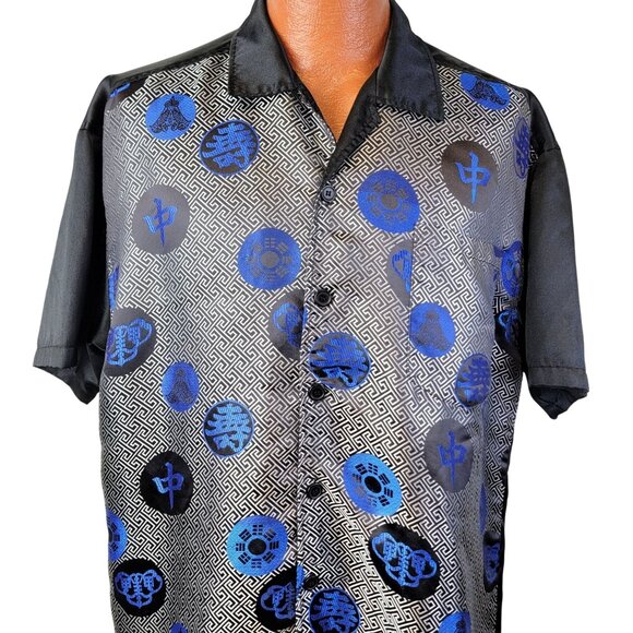 Vintage Y2K Satin Asian Shirt Men Large Black Blue Button Up Casual Short Sleeve - Picture 1 of 16